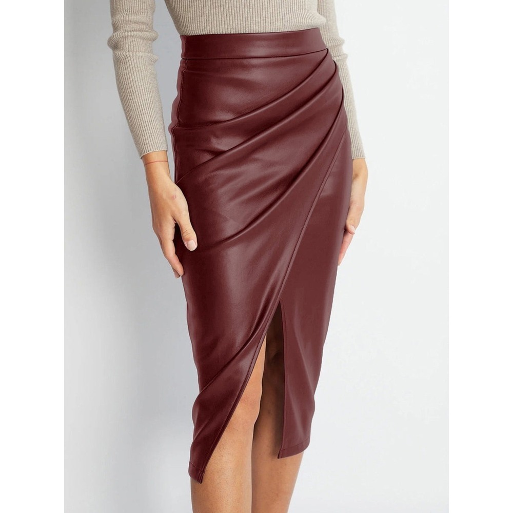 Commense‎ Pleated Split PU Leather Skirt midi Burgundy size M - Picture 3 of 5